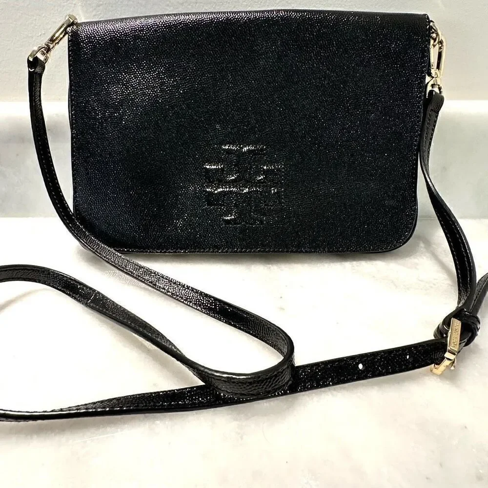 Tory Burch Magnetic Leather Chain Link Adjustable Black Crossbody Bag One Size
